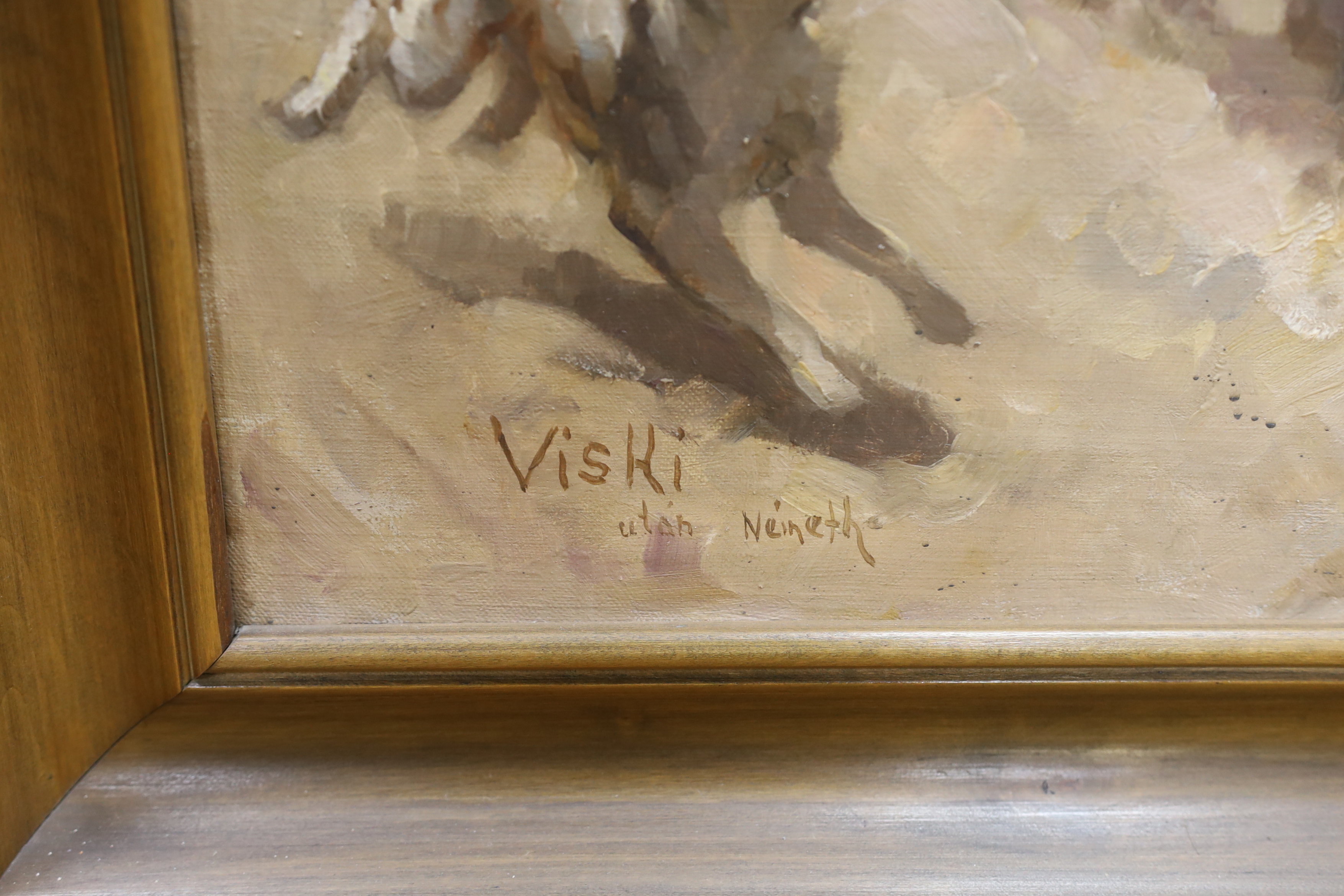 Janos Viski (Hungarian, 1891-1965), oil on canvas, Horse drawn cart on a track, signed, 54 x 75cm